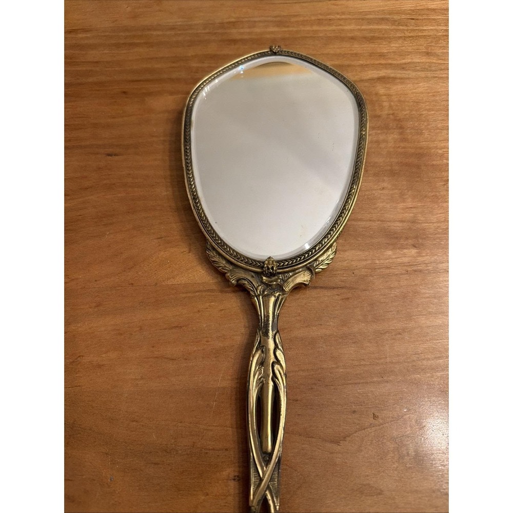Antique Victorian Gilt Brass Vanity Set Mirror & Brush Matching Guilloché c.1900 - Picture 6 of 12